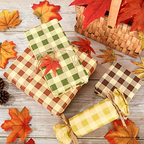 Whaline 100 Sheets Fall Tissue Paper Folded Flat Buffalo Plaid Wrapping Paper Thanksgiving Gift Wrapping Tissue Paper Art Paper for Home DIY Gift Bags Party Favor Autumn Birthday Decor, 14 x 20inch