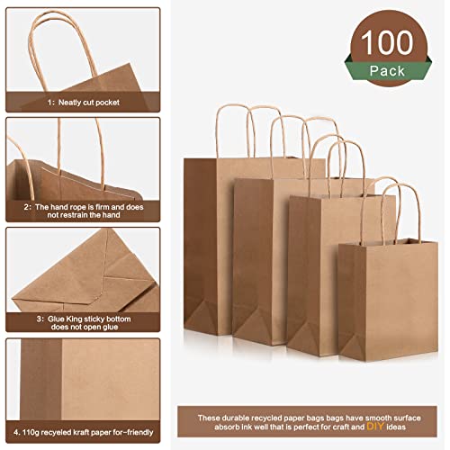 100 Pcs Kraft Paper Bags Mixed Size Gift Bags 6 x 4.5 x 2.5, 5.2 x 3.5 x 8, 10 x 5 x 13, 8 x 4.25 x 10 Inch, 25 Pcs Each, Brown Paper Bags with Handles, Shopping Bags, Merchandise Bags, Favor Bags