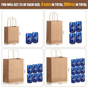 100 Pcs Kraft Paper Bags Mixed Size Gift Bags 6 x 4.5 x 2.5, 5.2 x 3.5 x 8, 10 x 5 x 13, 8 x 4.25 x 10 Inch, 25 Pcs Each, Brown Paper Bags with Handles, Shopping Bags, Merchandise Bags, Favor Bags