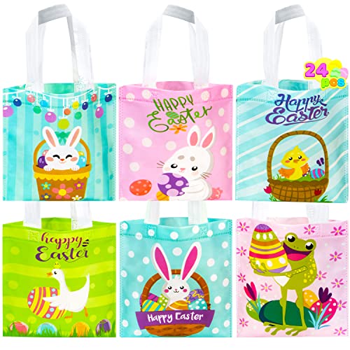 JOYIN 24 Pcs Easter Gift Bags, 8.7" x 8.7" Mini Size Creamed Tone Easter Gift Kraft Treat Goodie Bags and Basket with Handles for Easter Egg Hunt, Easter Party Favors