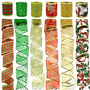 christmas ribbon wired wrapping ribbon, 6 rolls 36 yards red green gold christmas tree ribbons garland for xmas holiday decorative gift wrapping tree wreaths bows decorations