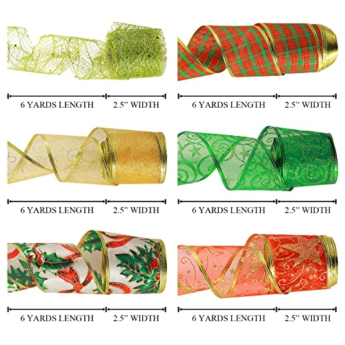 Christmas Ribbon Wired Wrapping Ribbon, 6 Rolls 36 Yards Red Green Gold Christmas Tree Ribbons Garland for Xmas Holiday Decorative Gift Wrapping Tree Wreaths Bows Decorations