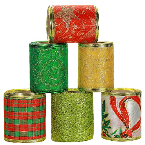 Christmas Ribbon Wired Wrapping Ribbon, 6 Rolls 36 Yards Red Green Gold Christmas Tree Ribbons Garland for Xmas Holiday Decorative Gift Wrapping Tree Wreaths Bows Decorations