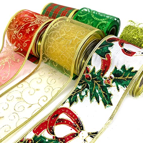 Christmas Ribbon Wired Wrapping Ribbon, 6 Rolls 36 Yards Red Green Gold Christmas Tree Ribbons Garland for Xmas Holiday Decorative Gift Wrapping Tree Wreaths Bows Decorations