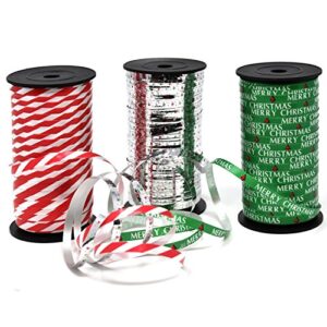 christmas curling ribbon pack of 3 rolls green, red & white stripes, and metallic silver; holiday party crafts supplies decorations- 100 yards per roll – total of 900 feet; by gift boutique