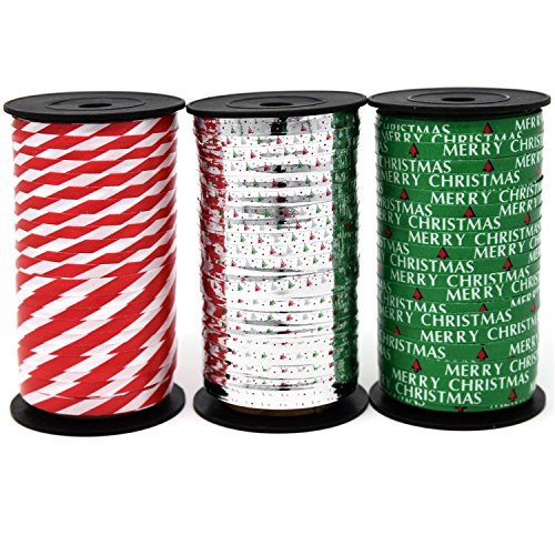 Christmas Curling Ribbon Pack of 3 Rolls Green, Red & White Stripes, and Metallic Silver; Holiday Party Crafts Supplies Decorations- 100 Yards Per Roll - Total of 900 Feet; by Gift Boutique