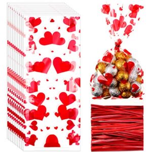 120 pieces valentine cello bags heart printed cellophane wraps with 200 pieces twist ties for valentine’s day party supplies, weddings, bridal or baby shower