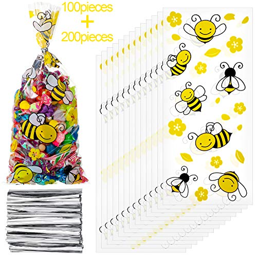 100 Pieces Honey Bee Cellophane Plastic Candy Bags Bee Party Bags Treat Bags with 200 Pieces Twist Ties Bee Gift Bags for What Will it Be Gender Reveal Party Supplies