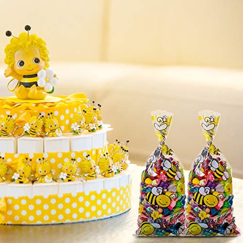 100 Pieces Honey Bee Cellophane Plastic Candy Bags Bee Party Bags Treat Bags with 200 Pieces Twist Ties Bee Gift Bags for What Will it Be Gender Reveal Party Supplies