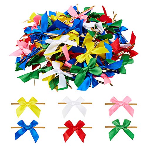 PH PandaHall 180pcs 6 Colors Twist Tie Ribbon Bow 2.2” Small Bows Polyester Packaging Ribbon Bows for DIY Gift Wrap Decoration, Wedding Christmas Party Decoration