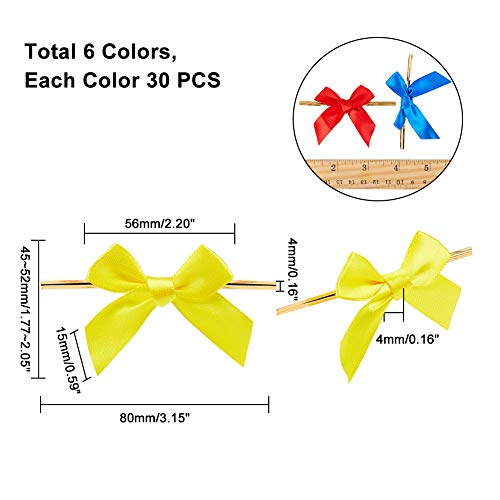 PH PandaHall 180pcs 6 Colors Twist Tie Ribbon Bow 2.2” Small Bows Polyester Packaging Ribbon Bows for DIY Gift Wrap Decoration, Wedding Christmas Party Decoration