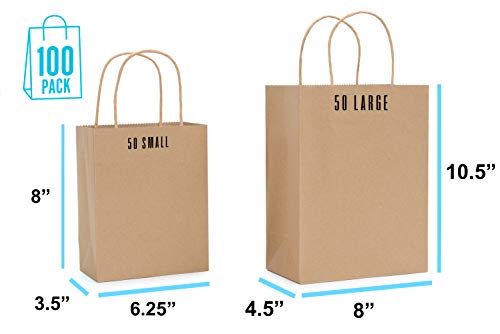 Brown paper bags with handles 100 pack 50pcs of 6.25"x3.5"x8" & 50pcs of 8"x4.5"x10.5" - paper bag, well made quality bags, brown bags with handles bulk, kraft paper bags bulk, small paper bags