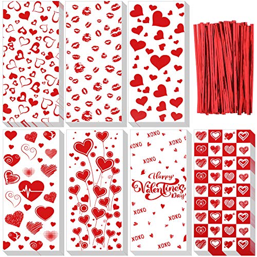 Zonon 175 Pieces Valentine Party Favor Bags Valentine Goodies Bags Valentine Cellophane Bags Valentine Cookie Bag with 200 Pieces Twist Ties for Valentine Party Candy and Cookies