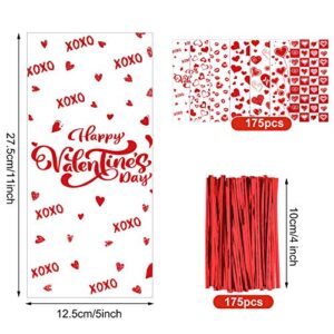 Zonon 175 Pieces Valentine Party Favor Bags Valentine Goodies Bags Valentine Cellophane Bags Valentine Cookie Bag with 200 Pieces Twist Ties for Valentine Party Candy and Cookies