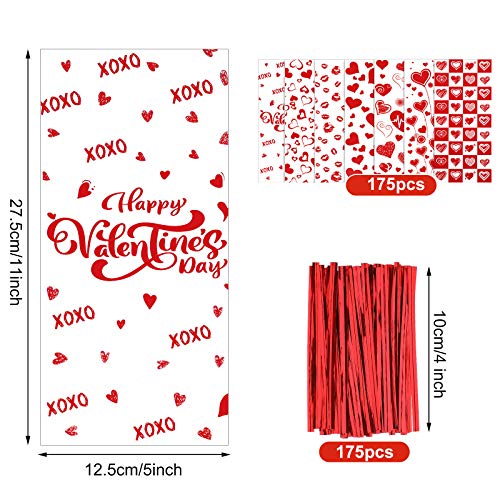 Zonon 175 Pieces Valentine Party Favor Bags Valentine Goodies Bags Valentine Cellophane Bags Valentine Cookie Bag with 200 Pieces Twist Ties for Valentine Party Candy and Cookies