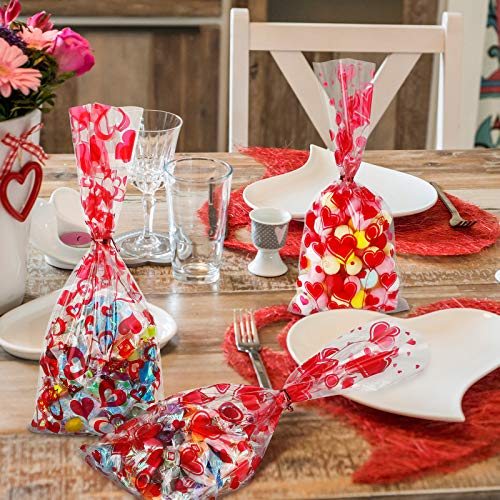 Zonon 175 Pieces Valentine Party Favor Bags Valentine Goodies Bags Valentine Cellophane Bags Valentine Cookie Bag with 200 Pieces Twist Ties for Valentine Party Candy and Cookies