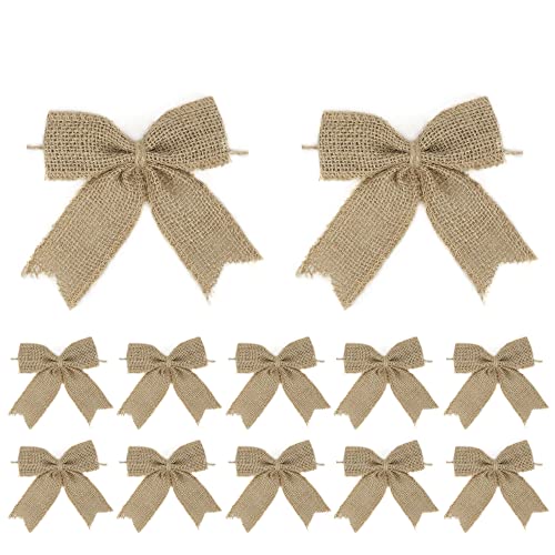 AIMUDI Natural Burlap Bows Rustic Gift Bows Christmas Wreath Bows 4 Inch Handmade Small Burlap Farmhouse Bows for Crafts Gift Wrapping Christmas Tree Wedding Home Decor Thanksgiving - 12 Counts