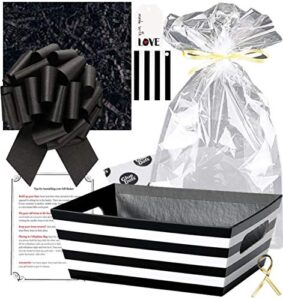 gift basket making kit do it yourself diy build your own gift basket matching supplies market tray basket cellophane bag shredded crinkle paper ribbon pull bow black and white stripe x-large