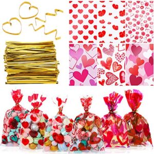 zonon valentine cellophane bags heart candy treat bag holiday clear goodie bags party favor bags with 700 pieces twist ties for valentine’s day craft wrapping decoration supplies (240)