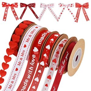 6 rolls valentine’s day ribbon set organza love heart printed grosgrain satin ribbon for wreaths bows diy, gift wrapping, wreath, wedding decorations on valentine’s day (98.4 ft ，33yards)