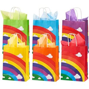 chrisfall 24 pcs party favors bags with 30 pcs tissue paper, kraft paper bags with handles wrap goodie bags for birthdays, easter, weddings, mother’s day, baby showers (rainbow pattern)