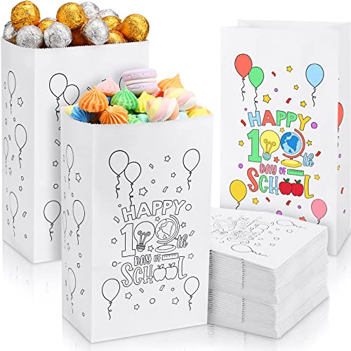 30 Pcs Happy 100th Day of School Paper Bags 100th Day White Paper Bags White Paper Lunch Bags Back to School Goodie Bags for Kids Students 100th Day Activities Gifts Craft Bags Classroom Supplies