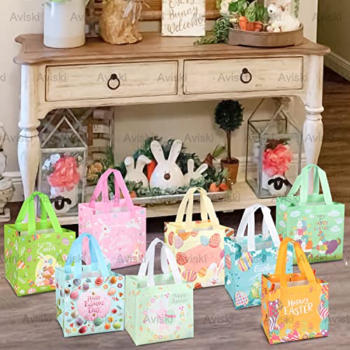 8PCS Happy Easter Egg Hunt Bags Easter Bunny Carrot Chick Egg Gift Bags with Handles, Easter Treat Bags, Multifunctional Non-Woven Easter Bags for Gifts Wrapping, Egg Hunt Game, Easter Party Supplies , 8.3×7.9×5.9inch