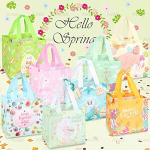 8PCS Happy Easter Egg Hunt Bags Easter Bunny Carrot Chick Egg Gift Bags with Handles, Easter Treat Bags, Multifunctional Non-Woven Easter Bags for Gifts Wrapping, Egg Hunt Game, Easter Party Supplies , 8.3×7.9×5.9inch