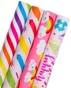 wrapaholic birthday wrapping paper roll – rainbow pony with cut lines for baby shower – 4 rolls – 30 inch x 120 inch per roll