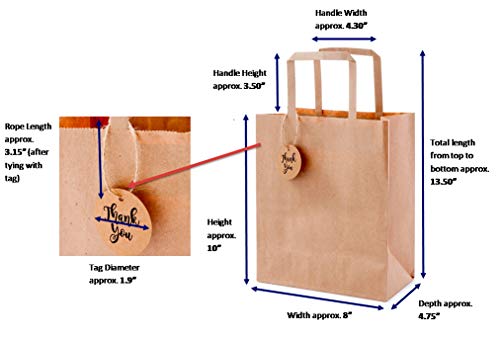 OSpecks Medium Brown Kraft Paper Shopping Bags Bulk with Handle and Thank You Tags for Retail Business, Merchandise, Goodies, Appreciation Gifts, Trade Fair, Craft Shows, Qty 50 Pcs, Size 8x4.75x10 In