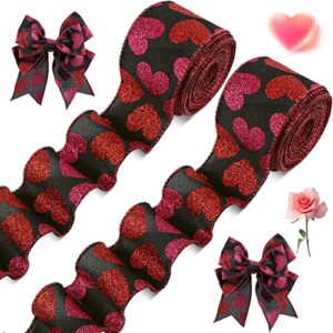 2 roll 20 yards glitter hearts wired edge burlap ribbon valentine ribbon valentine’s day wired ribbon for diy gift wrapping wreath crafts decoration, 2.5 inch (black, red, pink)