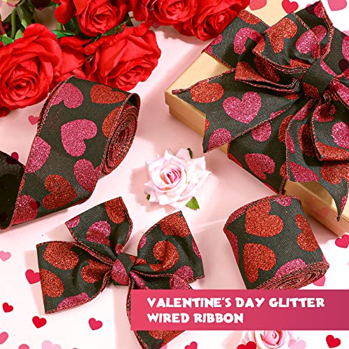 2 Roll 20 Yards Glitter Hearts Wired Edge Burlap Ribbon Valentine Ribbon Valentine's Day Wired Ribbon for DIY Gift Wrapping Wreath Crafts Decoration, 2.5 Inch (Black, Red, Pink)