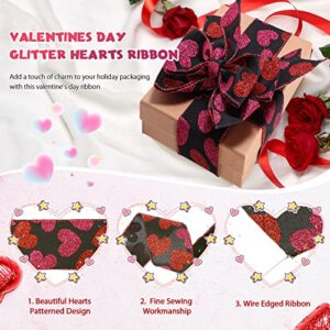 2 Roll 20 Yards Glitter Hearts Wired Edge Burlap Ribbon Valentine Ribbon Valentine's Day Wired Ribbon for DIY Gift Wrapping Wreath Crafts Decoration, 2.5 Inch (Black, Red, Pink)