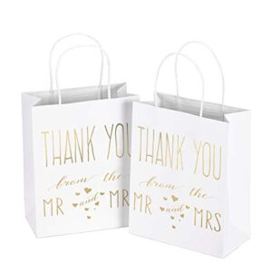 laribbons medium size gift bags – gold foil mr. and mrs. thank you white paper bags with handles for wedding, bridal shower, birthday, baby shower, party favors – 25 pack – 8″ x 4″ x 10″