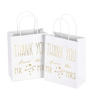 LaRibbons Medium Size Gift Bags - Gold Foil Mr. and Mrs. Thank You White Paper Bags with Handles for Wedding, Bridal Shower, Birthday, Baby Shower, Party Favors - 25 Pack - 8" x 4" x 10"