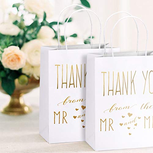 LaRibbons Medium Size Gift Bags - Gold Foil Mr. and Mrs. Thank You White Paper Bags with Handles for Wedding, Bridal Shower, Birthday, Baby Shower, Party Favors - 25 Pack - 8" x 4" x 10"