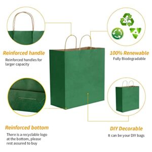 vanhel 50Pcs 13.85x13.85x6.3 inch Kraft Paper Bags with Handles,Gift Bags Large,100% Recyclable Green Paper Bags,Gift Bags Bulk,for Boutiques,Small Business,Retail Stores(Green)