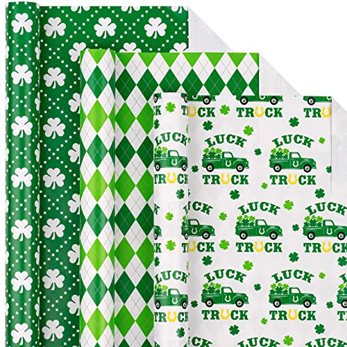 LeZakaa St. Patrick's Wrapping Paper Roll - Mini Roll - Green Clover/Green Truck/Diamond Check for Gift Wrap, Craft - 17 x 120 inches - 3 Rolls (42.5 sq.ft.ttl.)