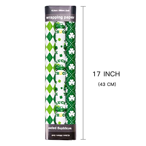 LeZakaa St. Patrick's Wrapping Paper Roll - Mini Roll - Green Clover/Green Truck/Diamond Check for Gift Wrap, Craft - 17 x 120 inches - 3 Rolls (42.5 sq.ft.ttl.)