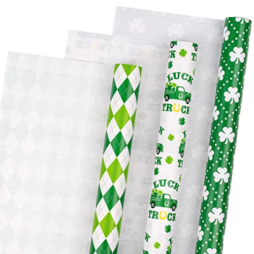 LeZakaa St. Patrick's Wrapping Paper Roll - Mini Roll - Green Clover/Green Truck/Diamond Check for Gift Wrap, Craft - 17 x 120 inches - 3 Rolls (42.5 sq.ft.ttl.)