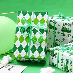 LeZakaa St. Patrick's Wrapping Paper Roll - Mini Roll - Green Clover/Green Truck/Diamond Check for Gift Wrap, Craft - 17 x 120 inches - 3 Rolls (42.5 sq.ft.ttl.)