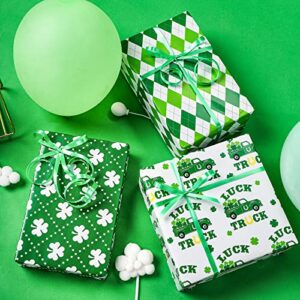 LeZakaa St. Patrick's Wrapping Paper Roll - Mini Roll - Green Clover/Green Truck/Diamond Check for Gift Wrap, Craft - 17 x 120 inches - 3 Rolls (42.5 sq.ft.ttl.)