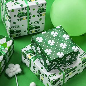 LeZakaa St. Patrick's Wrapping Paper Roll - Mini Roll - Green Clover/Green Truck/Diamond Check for Gift Wrap, Craft - 17 x 120 inches - 3 Rolls (42.5 sq.ft.ttl.)