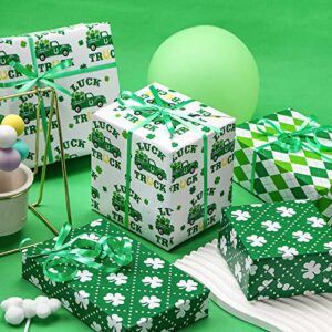 LeZakaa St. Patrick's Wrapping Paper Roll - Mini Roll - Green Clover/Green Truck/Diamond Check for Gift Wrap, Craft - 17 x 120 inches - 3 Rolls (42.5 sq.ft.ttl.)