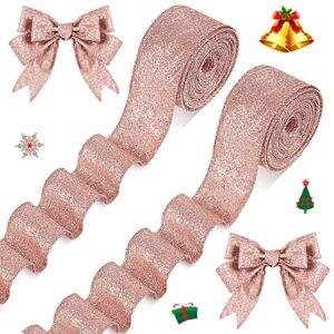 2 roll 20 yards valentine’s day ribbons glitter thick ribbon metallic wired ribbon for gift wrapping valentine bouquet diy crafts wedding xmas party wrapping decorations (rose gold, 1.5 inch)