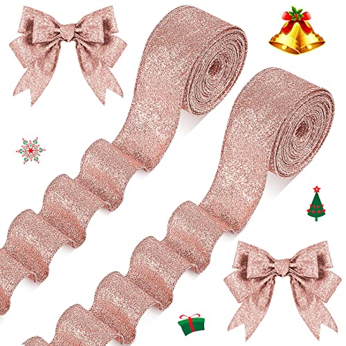 2 Roll 20 Yards Valentine's Day Ribbons Glitter Thick Ribbon Metallic Wired Ribbon for Gift Wrapping Valentine Bouquet DIY Crafts Wedding Xmas Party Wrapping Decorations (Rose Gold, 1.5 Inch)