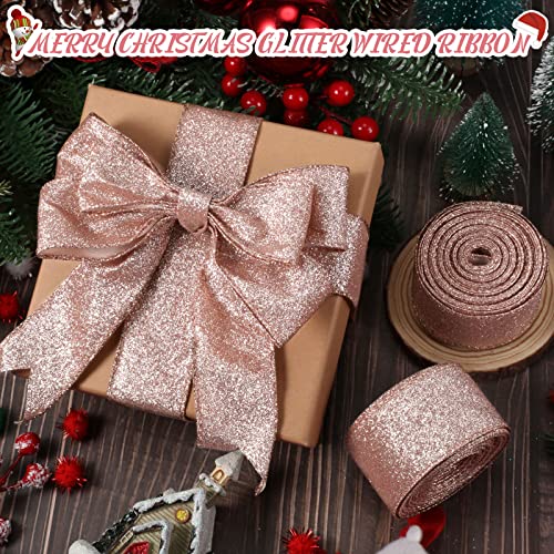 2 Roll 20 Yards Valentine's Day Ribbons Glitter Thick Ribbon Metallic Wired Ribbon for Gift Wrapping Valentine Bouquet DIY Crafts Wedding Xmas Party Wrapping Decorations (Rose Gold, 1.5 Inch)