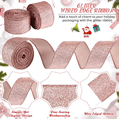 2 Roll 20 Yards Valentine's Day Ribbons Glitter Thick Ribbon Metallic Wired Ribbon for Gift Wrapping Valentine Bouquet DIY Crafts Wedding Xmas Party Wrapping Decorations (Rose Gold, 1.5 Inch)