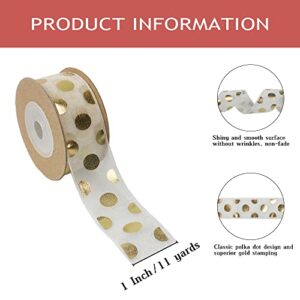 Nichemigo 1 Inch Wide Polka Dot Ribbon, Gold Dots Printed Organza Ribbons for Gift Wrapping Hair Bows Craft Sewing Invitation Floral Arrangement (11 Yards)