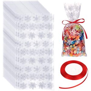 100 pieces winter snowflake bags cellophane holiday treat bags snowflake cookie cellophane bags with ribbon for winter holiday party supplies (white bag with red ribbon)